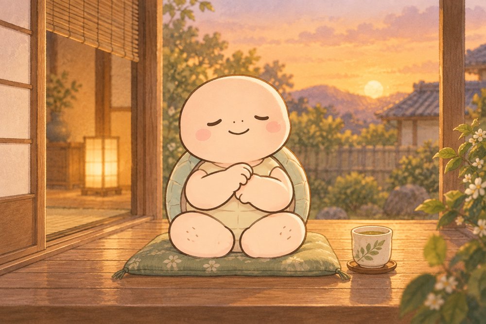 夕暮れの縁側で手のツボをやさしく押すナビ助