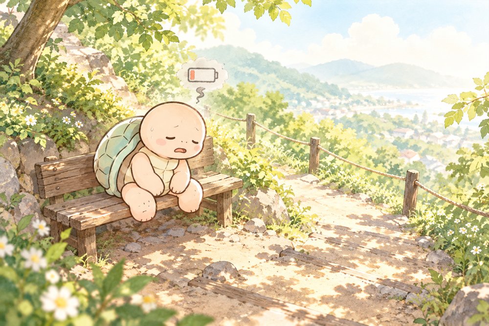 坂道のベンチでぐったり座り込む疲れたナビ助
