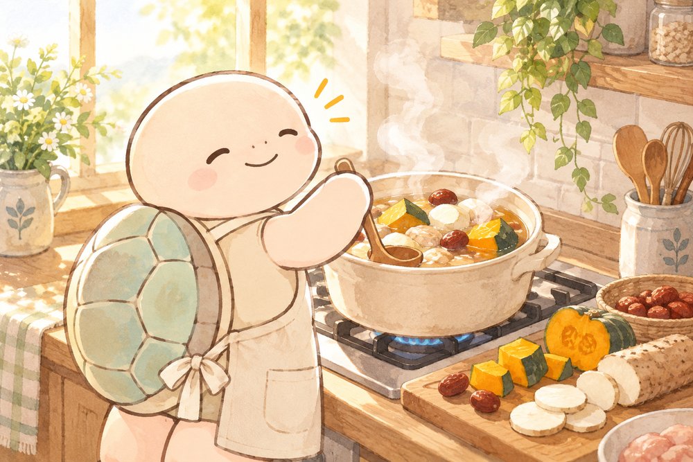 山芋やかぼちゃのお鍋を作るエプロン姿のナビ助