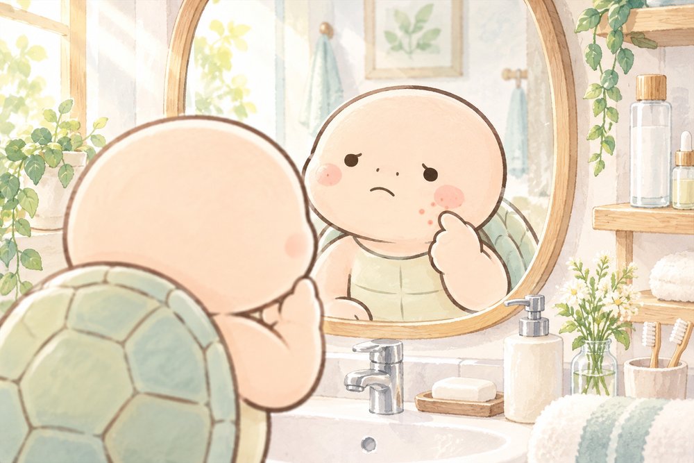 洗面所の鏡でほっぺの肌荒れを気にするナビ助
