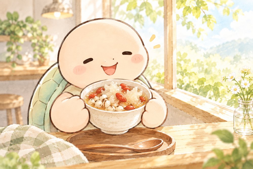 はと麦とくこの実の薬膳デザートを味わうナビ助