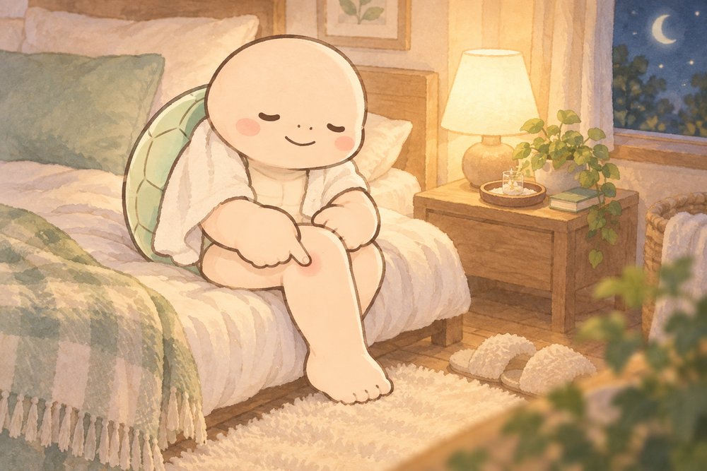 お風呂上がりにベッドで足のツボを押すナビ助