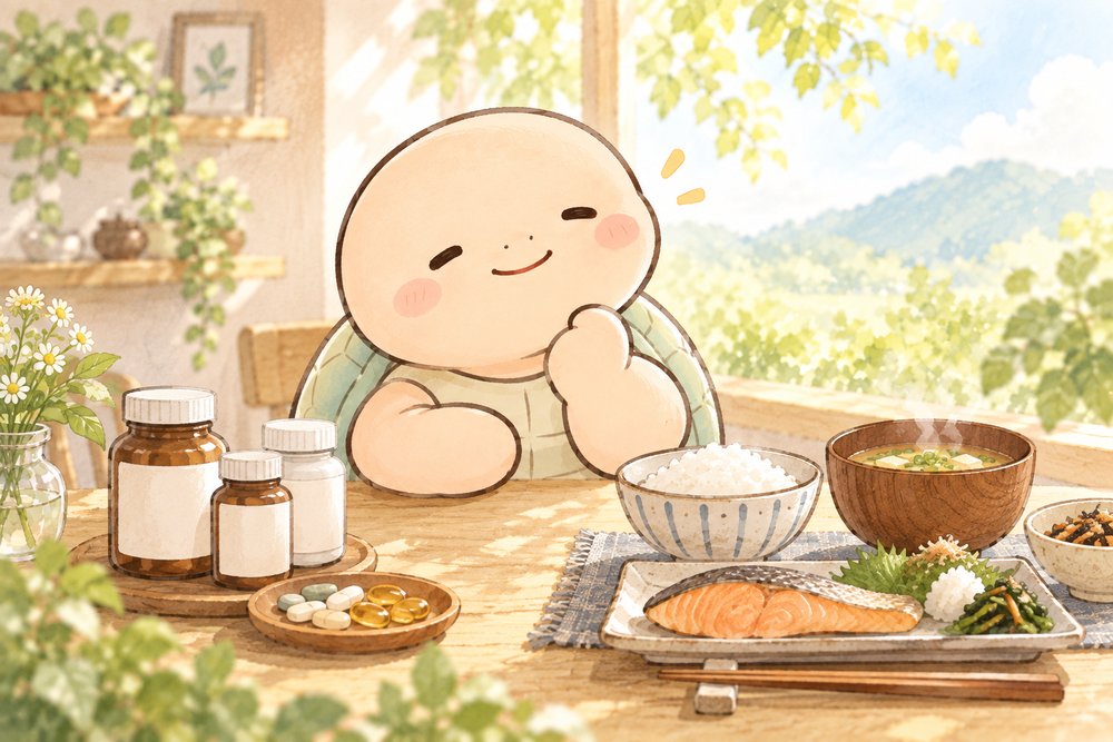サプリと和朝食を見比べて考えるナビ助