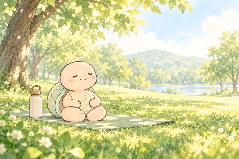 公園の芝生でマットに座り深呼吸するナビ助