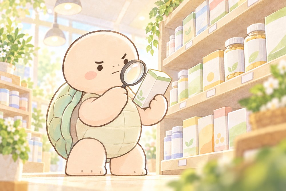 棚の前で虫眼鏡を使いサプリの箱を確認するナビ助