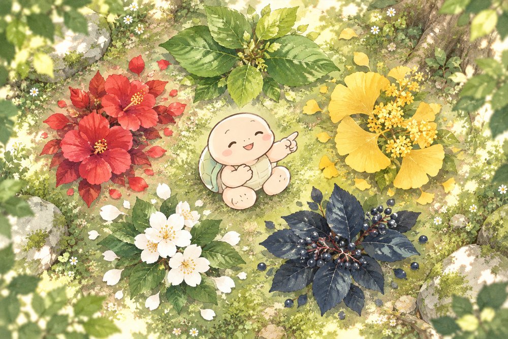 五色の葉や花に囲まれて楽しそうに数えるナビ助