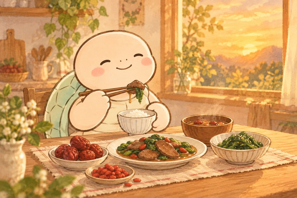 なつめやほうれん草の夕ごはんを味わうナビ助