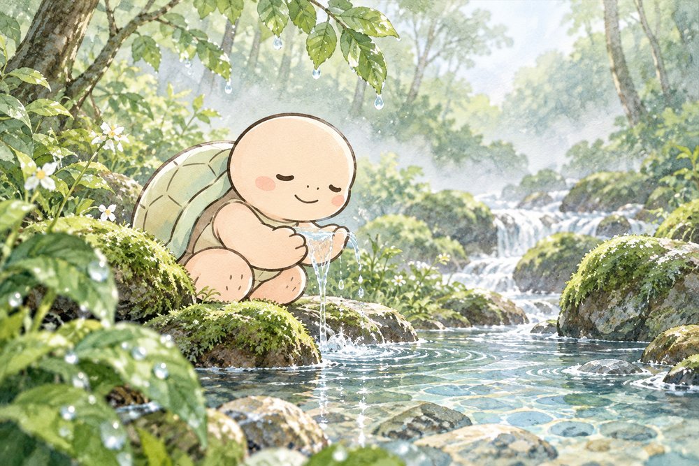 森の小川で湧き水をすくうナビ助