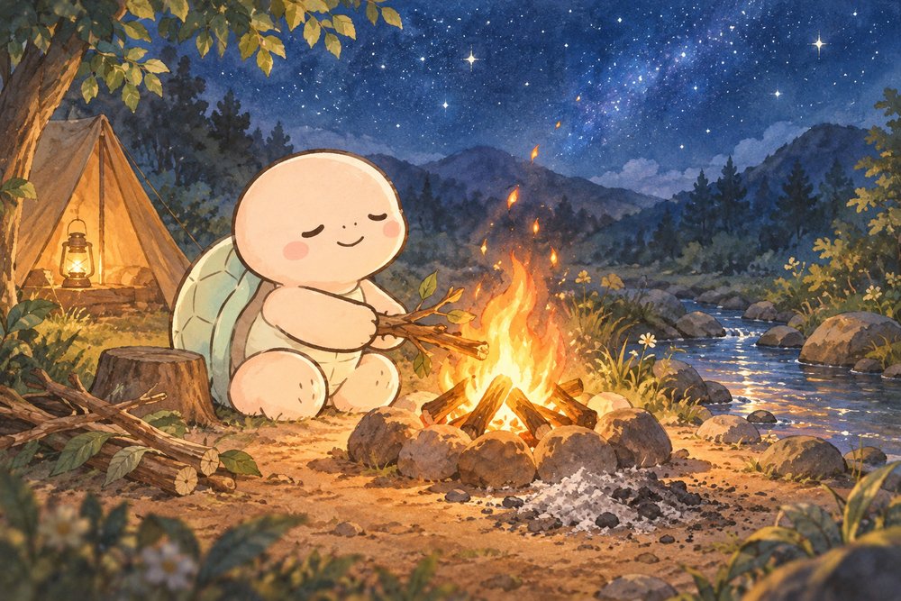 夜のキャンプでたき火に小枝をくべるナビ助