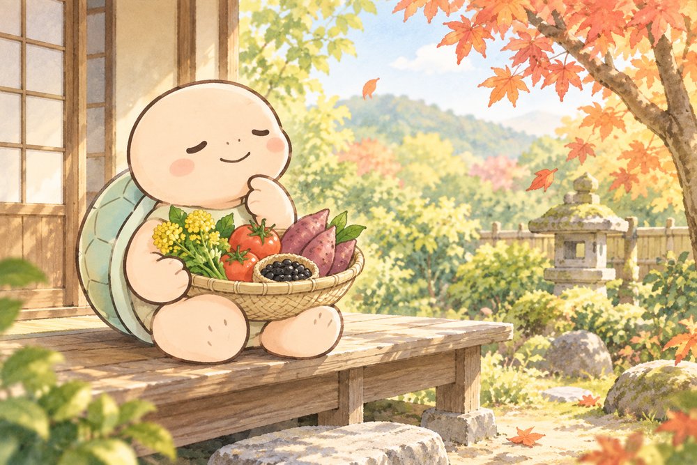 四季の食材のかごを抱えて縁側に座るナビ助