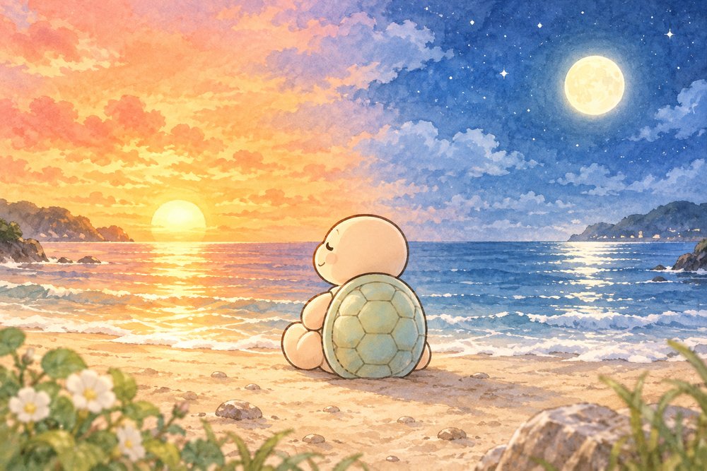 夕日と月夜の境目の砂浜で空を眺めるナビ助
