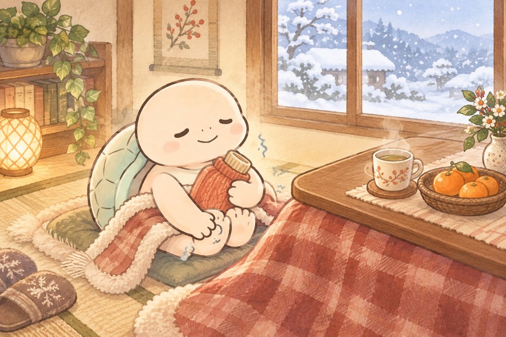 こたつで湯たんぽを抱いて温まるナビ助