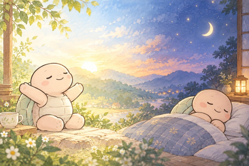 朝のストレッチと夜の早寝を描いた一日のナビ助