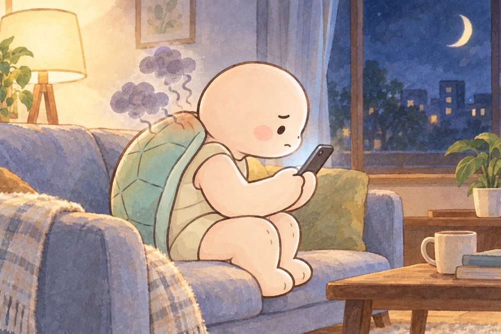 夜のソファでスマホをのぞき込み猫背になるナビ助