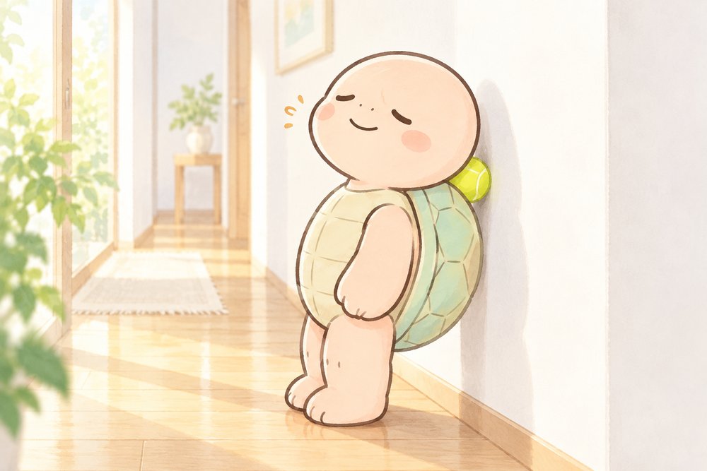 廊下の壁とテニスボールで肩甲骨を押すナビ助
