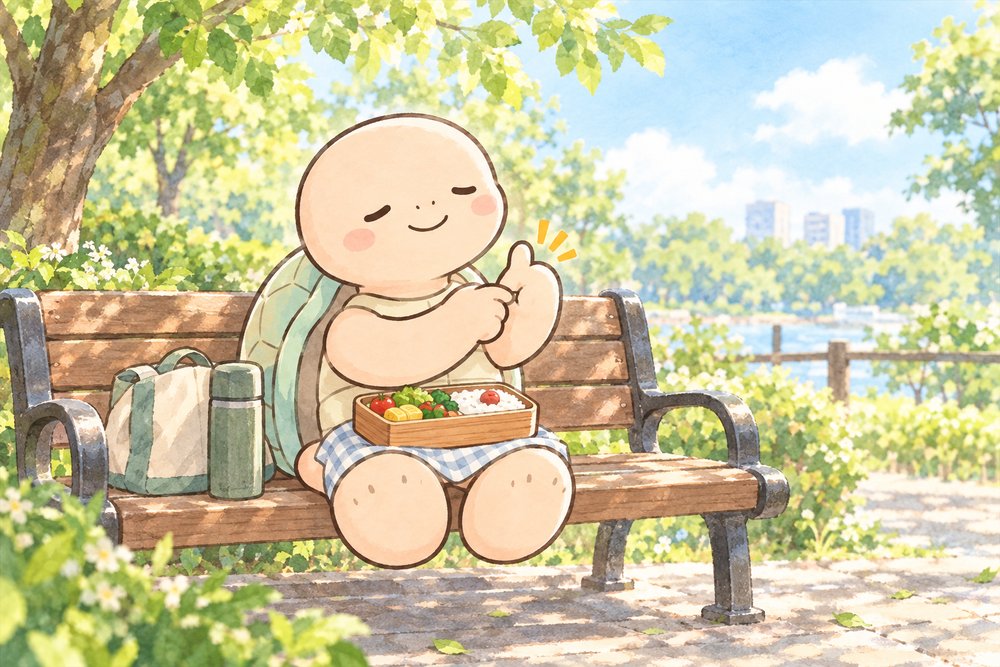 昼休みの公園で手のツボを押すナビ助