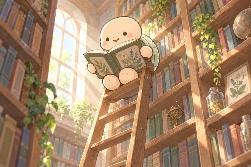 図書館のはしごに腰かけて薬草の本を読む亀のナビ助
