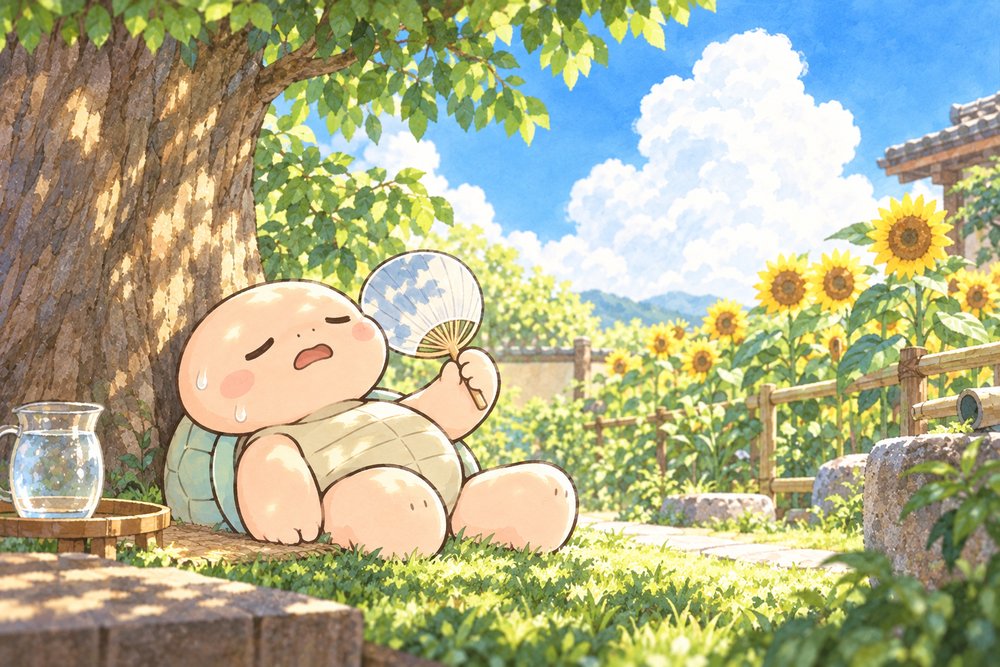 真夏の木陰でうちわをあおぎぐったりする亀のナビ助