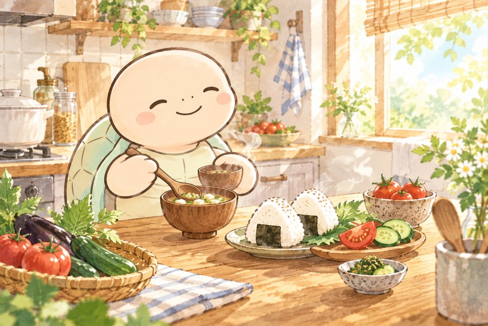 夏野菜の朝ごはんを用意する亀のナビ助