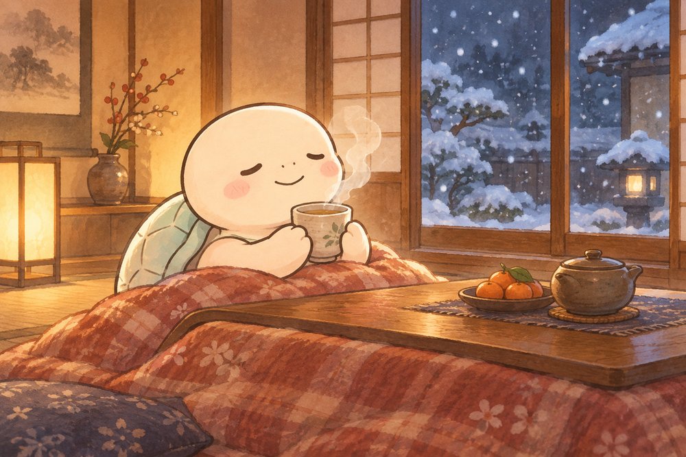 雪の夜にこたつで温かい漢方を飲む亀のナビ助