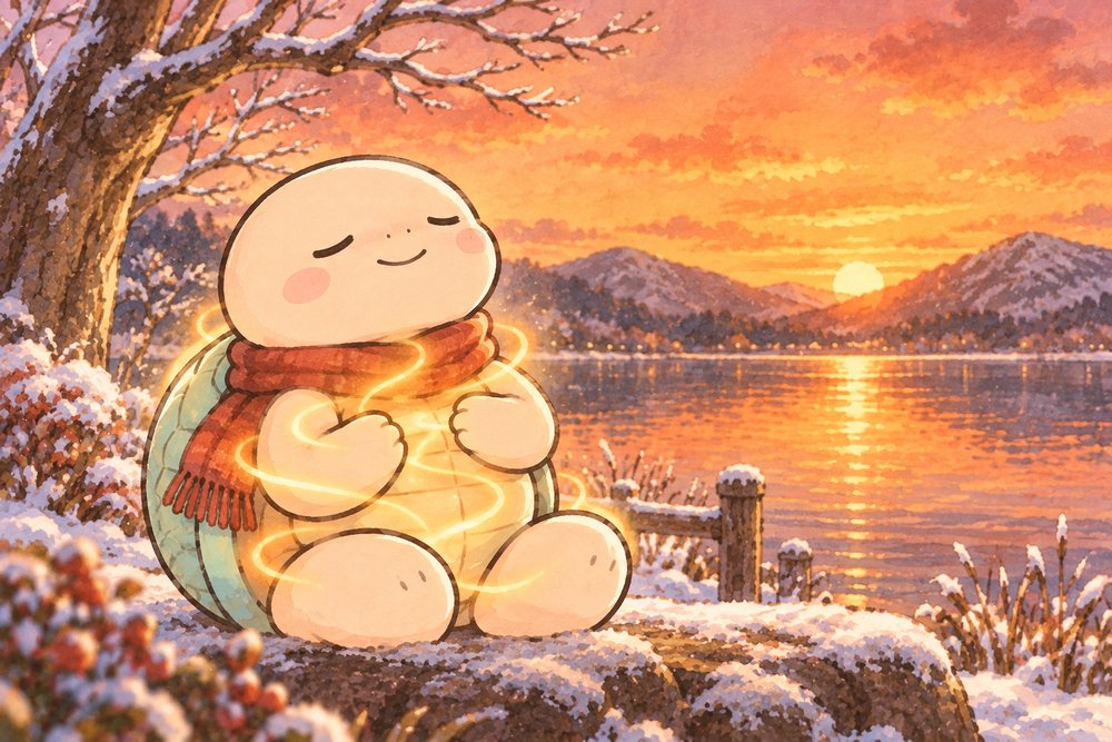 冬の夕焼けの湖畔で体の巡りを感じる亀のナビ助