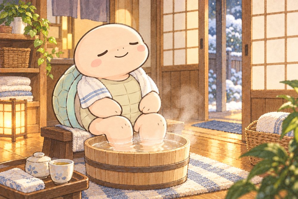 木の桶で足湯をして温まる亀のナビ助