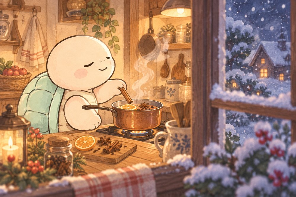 雪の夜の台所でスパイスティーの香りを楽しむ亀のナビ助