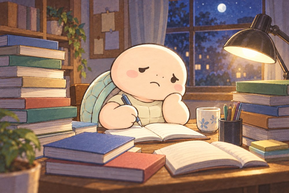夜遅くの勉強机で少し不安そうな亀のナビ助