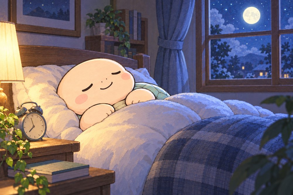 月明かりの寝室でぐっすり眠る亀のナビ助