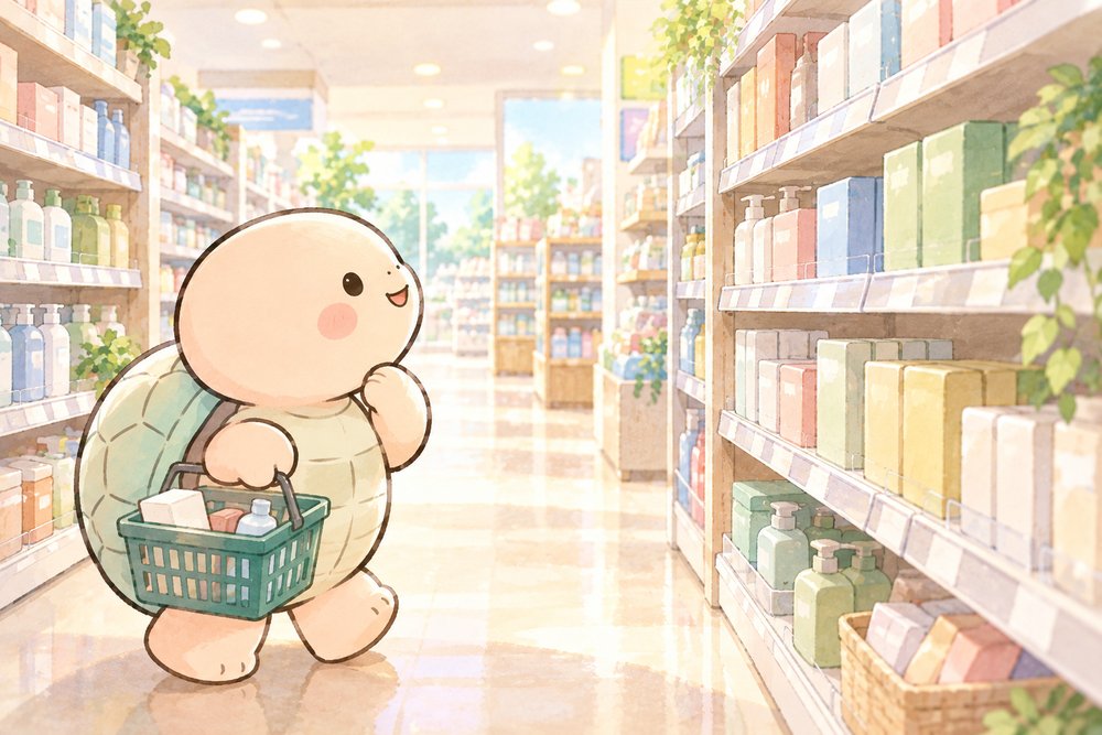 ドラッグストアの通路で買い物かごを持って棚を見上げる亀のナビ助