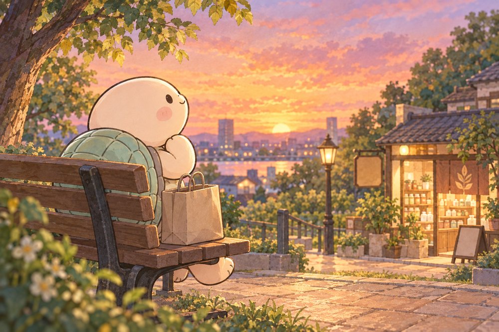 夕暮れの公園のベンチで次の一手を考える亀のナビ助