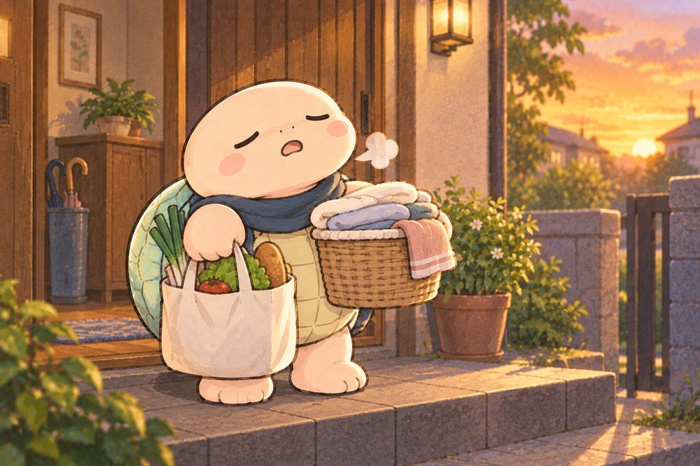 夕方の玄関先で荷物を抱えて一息つく亀のナビ助
