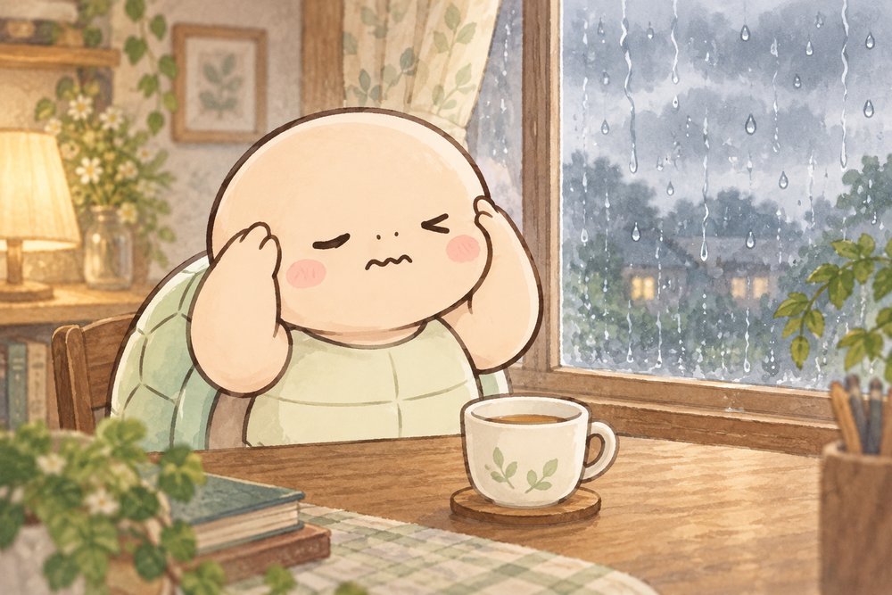 雨の日の窓辺でこめかみを押さえるナビ助