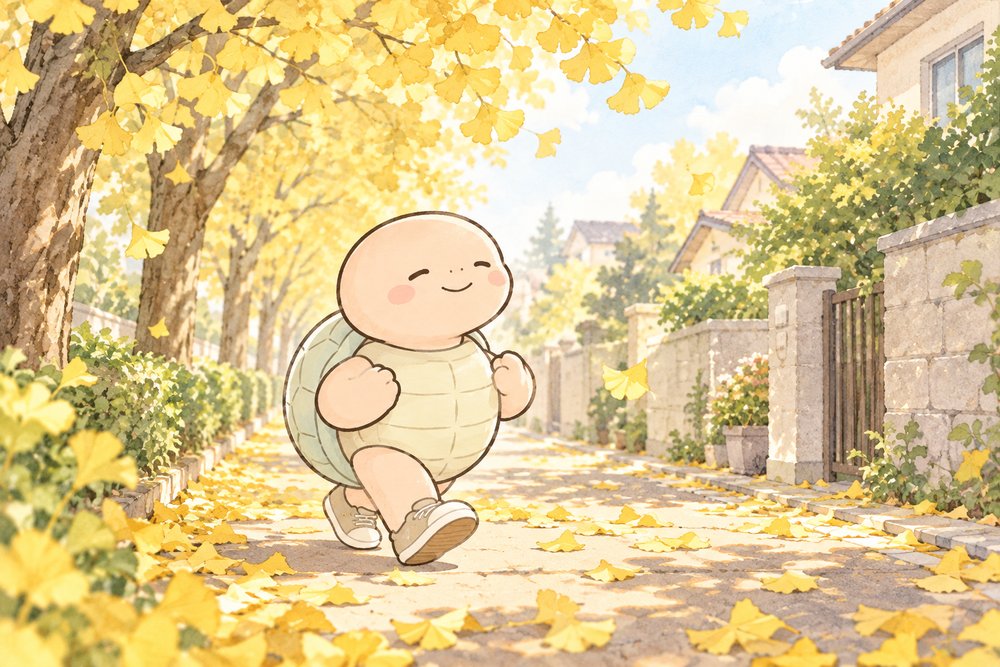 昼休みに銀杏並木を散歩する亀のナビ助