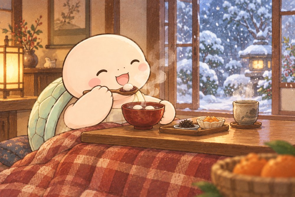 こたつで白玉入りのおしるこを味わう亀のナビ助
