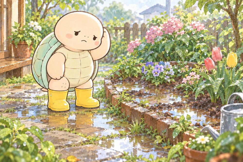 雨上がりの庭で水たまりだらけの花壇を見て頭をかく亀のナビ助