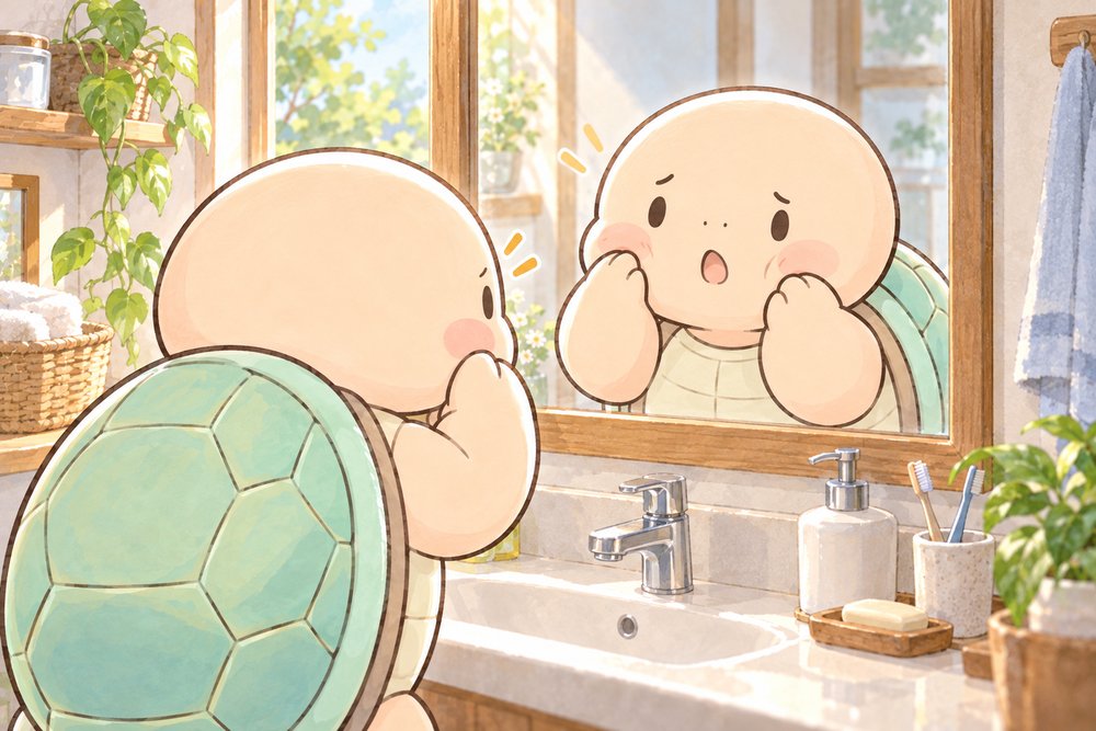 洗面所の鏡の前でむくんだほっぺに驚く亀のナビ助