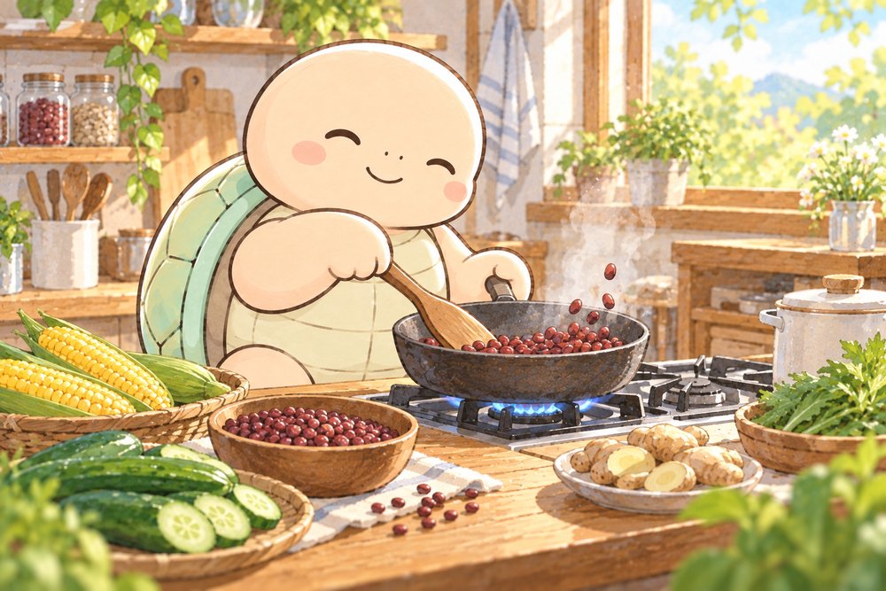 キッチンで小豆を煮る亀のナビ助