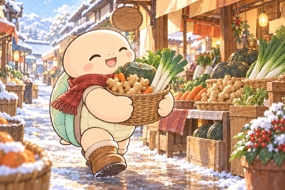 冬の市場で体を温める食材を抱える亀のナビ助