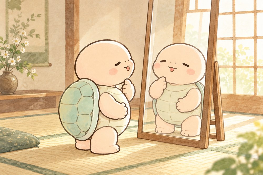 姿見の前で舌を出して体質をチェックする亀のナビ助