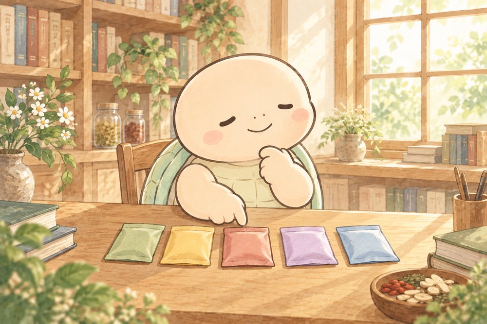 5つの色の漢方の包みを並べて比べる亀のナビ助