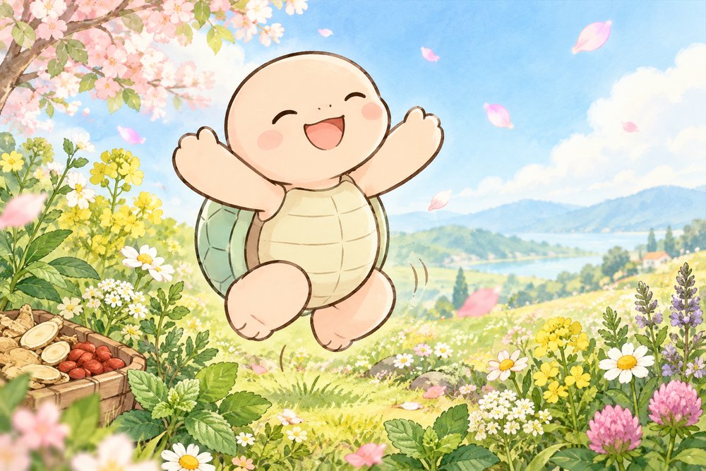 春の野原で元気にジャンプする亀のナビ助