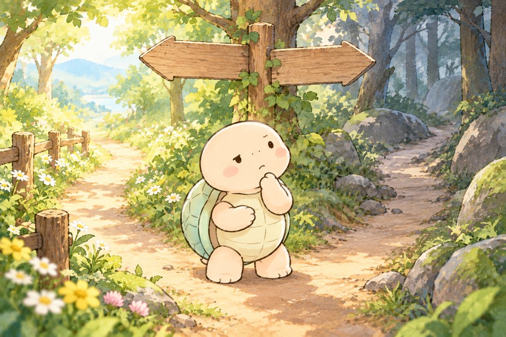 森の分かれ道でどちらに進むか考える亀のナビ助