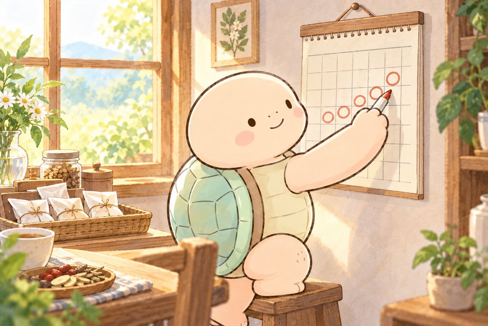 カレンダーに丸をつけて記録する亀のナビ助
