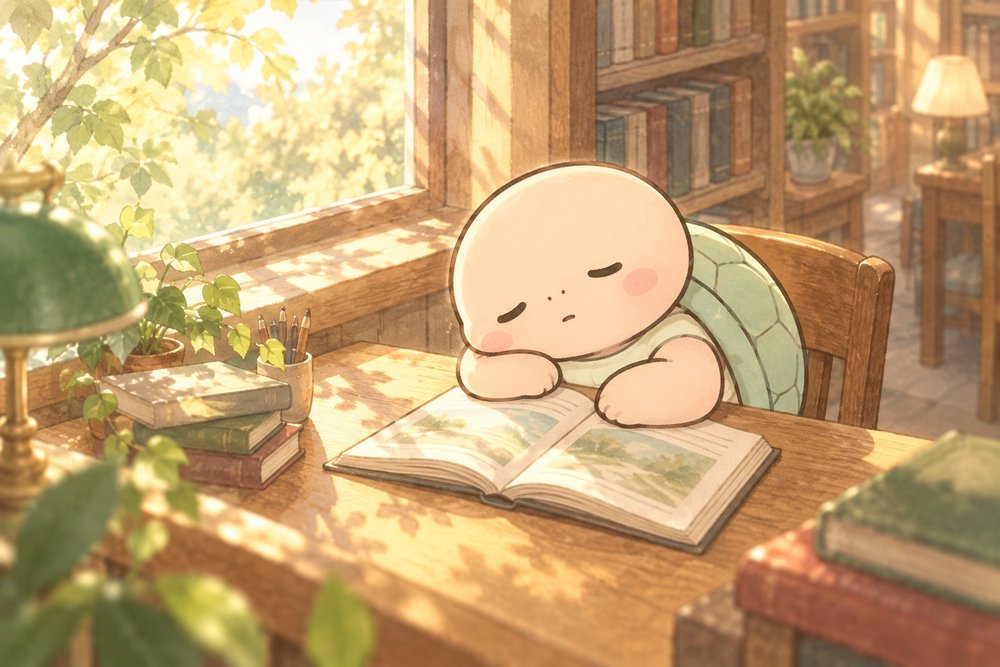 図書館で本を開いたままうとうとする亀のナビ助