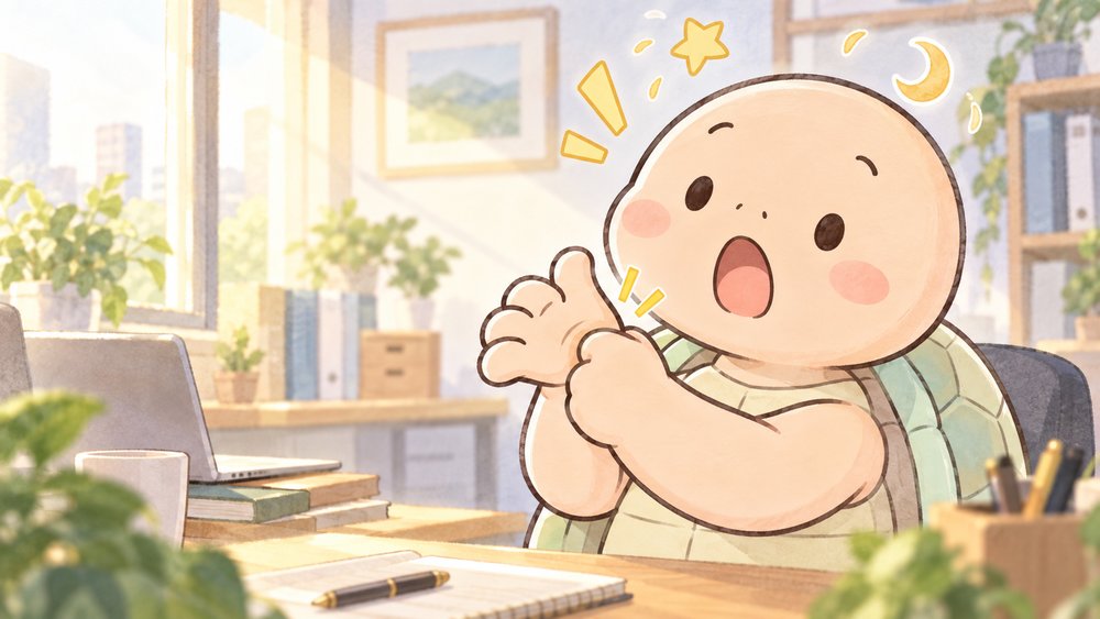 手の合谷のツボを押してはっと目覚める亀のナビ助