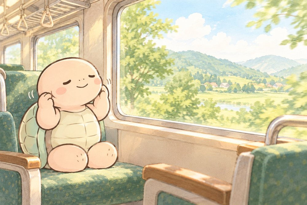 電車の座席で耳たぶをもんでリフレッシュする亀のナビ助
