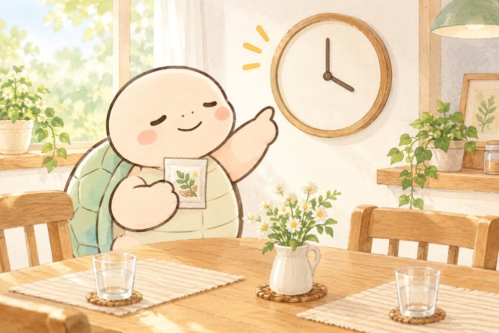 時計を指さして漢方を飲むタイミングを確認する亀のナビ助
