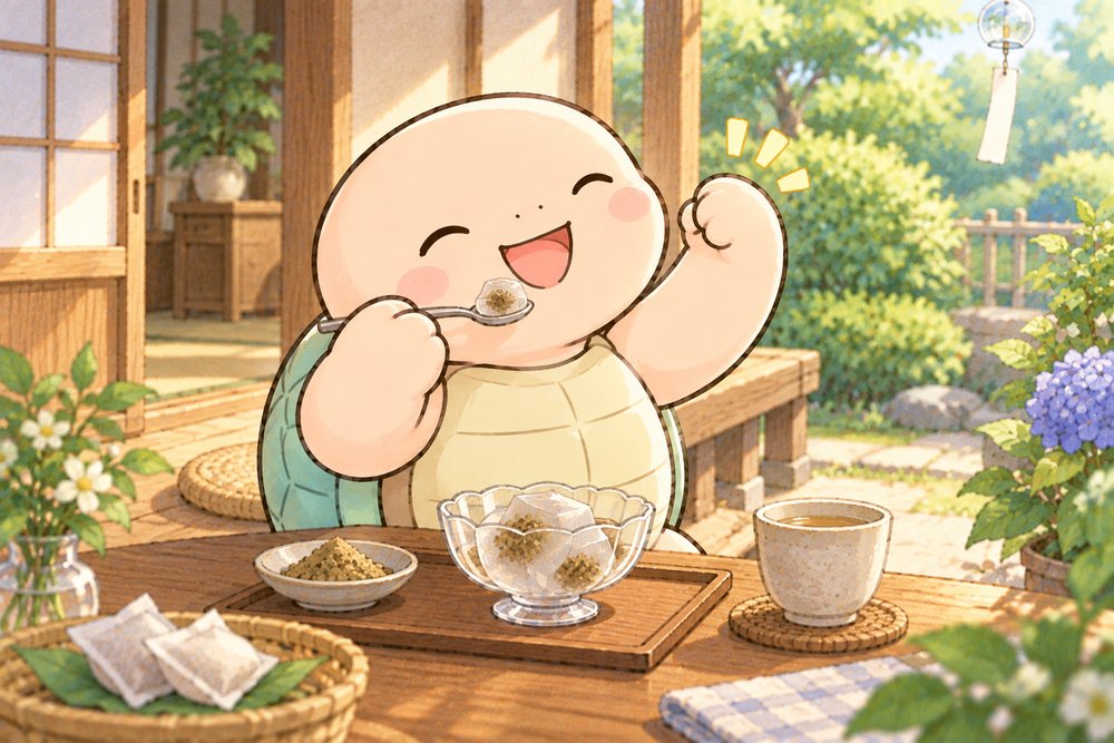 ゼリーで漢方を飲んでガッツポーズする亀のナビ助