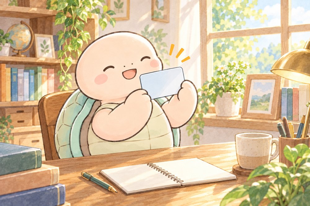 書斎でカードを掲げてにっこりする亀のナビ助